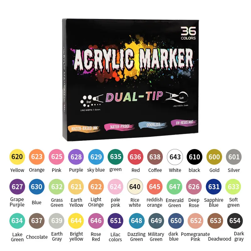 Premium Quality 36 Color Dual Tip Acrylic Markers Kit Fade resistant Double Point Markers for Fine & Multi-surface Coloring