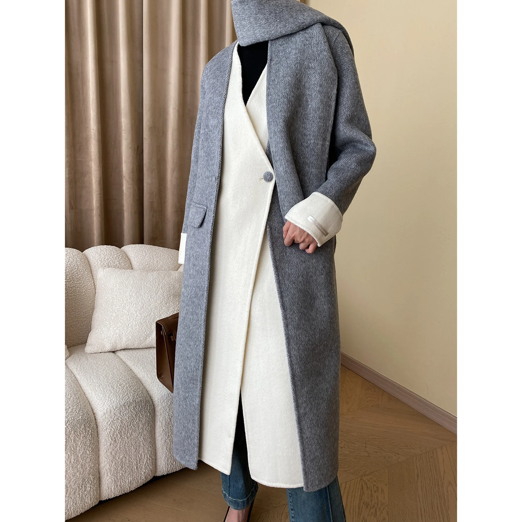 OUDINA In Stock Popular Korean Style Warm Contrast Color Loose Casual Double-sided Wool Coats Winter Women Long Coat