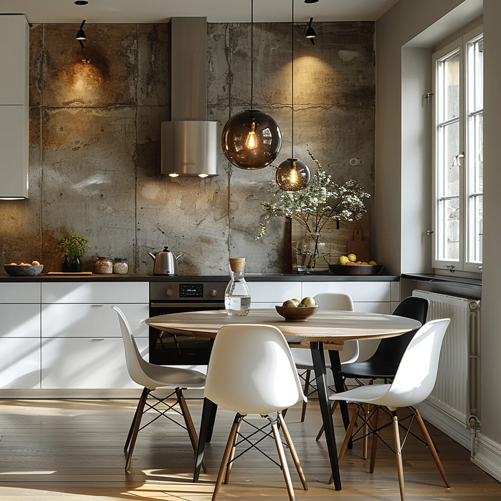 AI Creative Concept Design Nordic Kitchen Dining Room White And Wood Style Design 3D Rendering Service