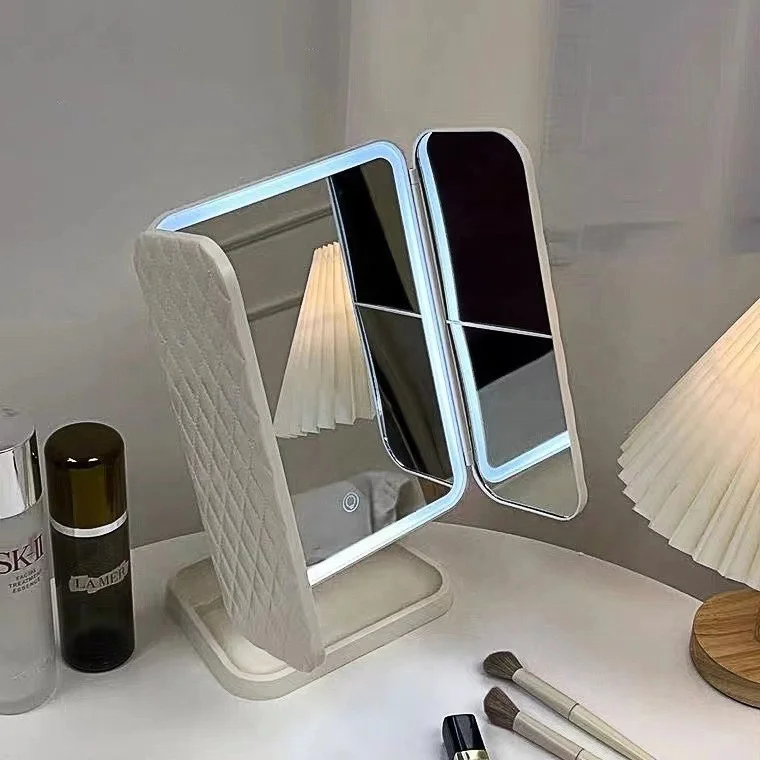 Smart Led Desktop Three-Folding Shell Leather Mirror Rotating Touch Infinite Dimming Makeup Mirror Dressing Mirror Storage Box