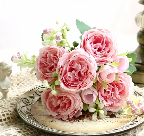 Hot Selling 6 colors Peony Rose Bouquet Simulation Centerpiece Flower Small Bunch of Roses Wedding Layout