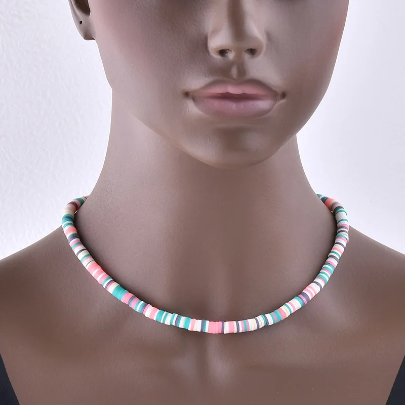 Boho Summer Beach Handmade Multi Color Heishi Polymer Clay Beaded Necklace Choker For Women Men