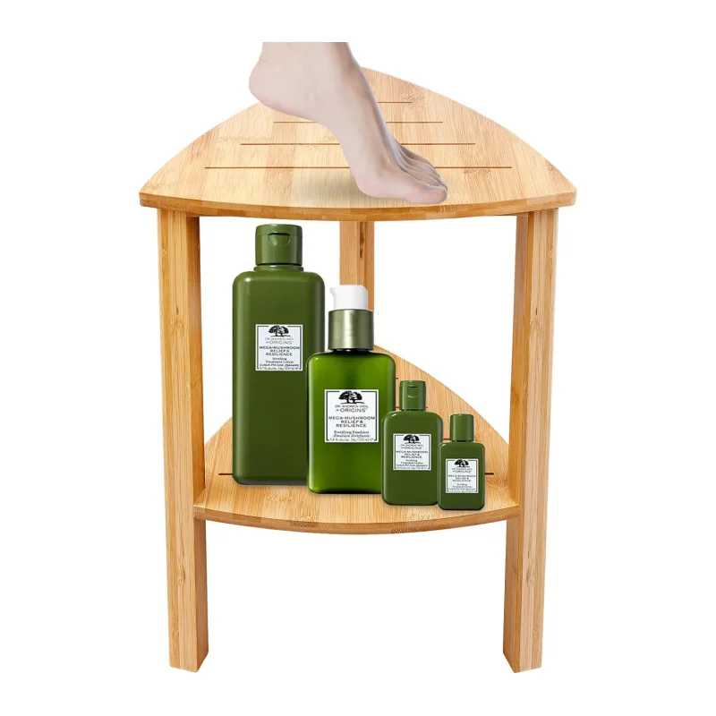 Natural bamboo teak shower bench with storage shelf corner rack for indoor or outdoor use bath seat and stool for shaving legs