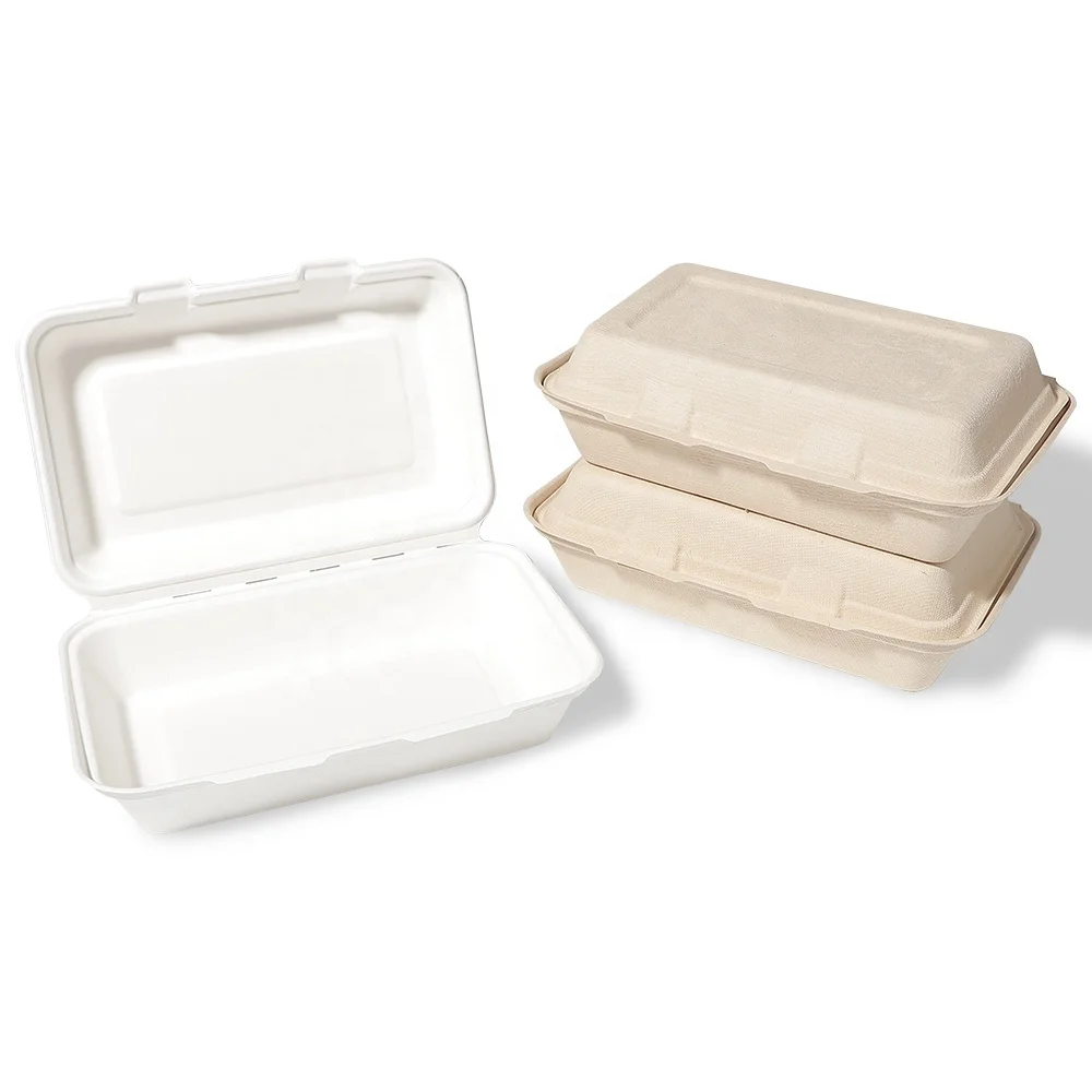 Custom logo restaurant takeaway microwave safe food grade 2 compartment bento box Bagasse Clamshell