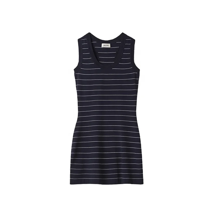 DLDM OEM ODM Custom Vacation Scoop Neck Striped Ribbed Trim Plain Knit High Thigh Length Waist Women Knit Tight Sweater Dress