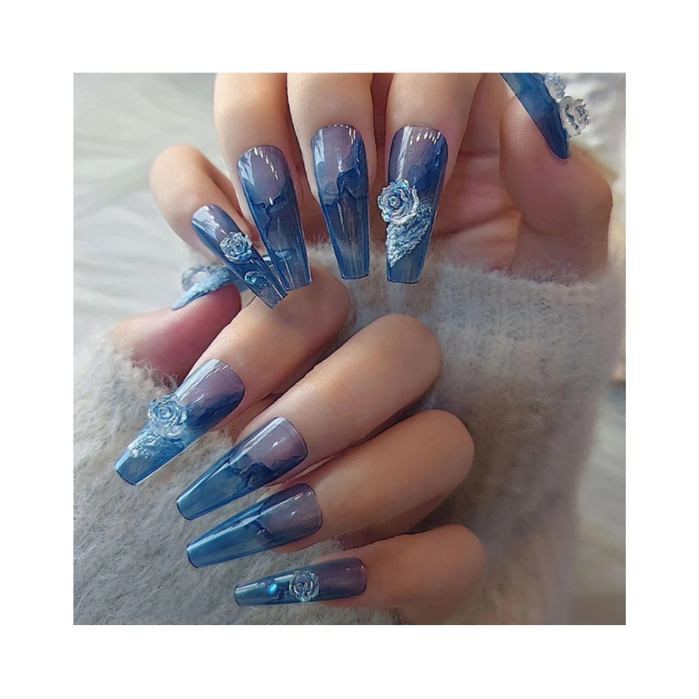 Artificial Nails Hot Sale Blue Rose XXL Coffin Nail Tips Long Ballerina Press on False Nails