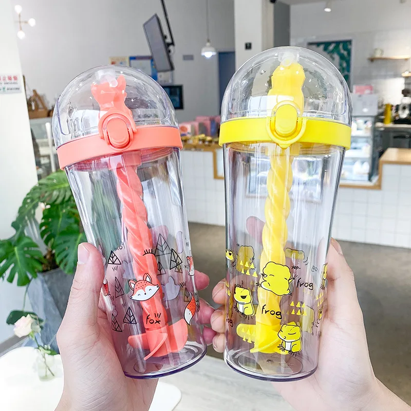 500ml Mini Creative Animal Printed Outdoor Sports Cup with Threaded Straw Student Plastic Water Cup