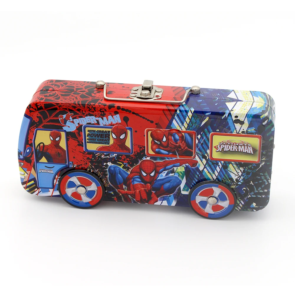 New design custom printed large car shape metal tin pencil box popular empty hinged kid spider man tin pencil case