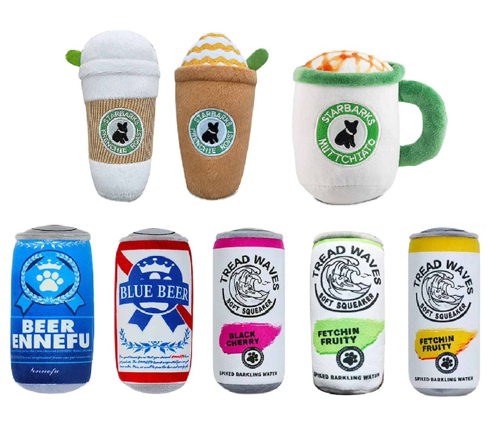 Custom Funny Squeaky Dog Plush Stuffed Toy Beer Soda Can Starbark Coffee Cup Shaped Dog Toy