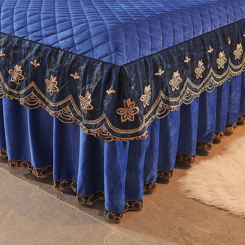 American Style Winter Thick Quilted Navy Blue Bed Skirts Sets