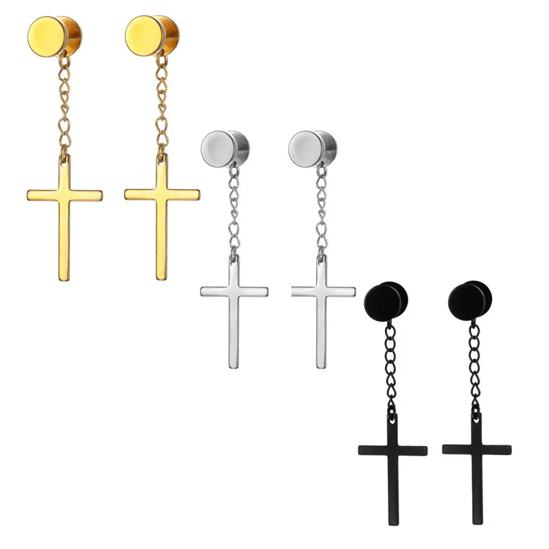 KOMI Big Cross Drop Earrings Round Disc Stud Earrings Simple Temperament Long Cross pendant Earrings for Men Punk Jewelry Gifts