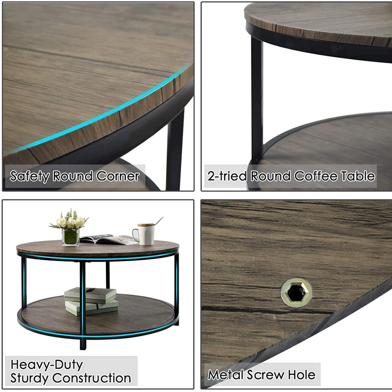 Factory wholesale living room simple round double layer black wooden coffee table