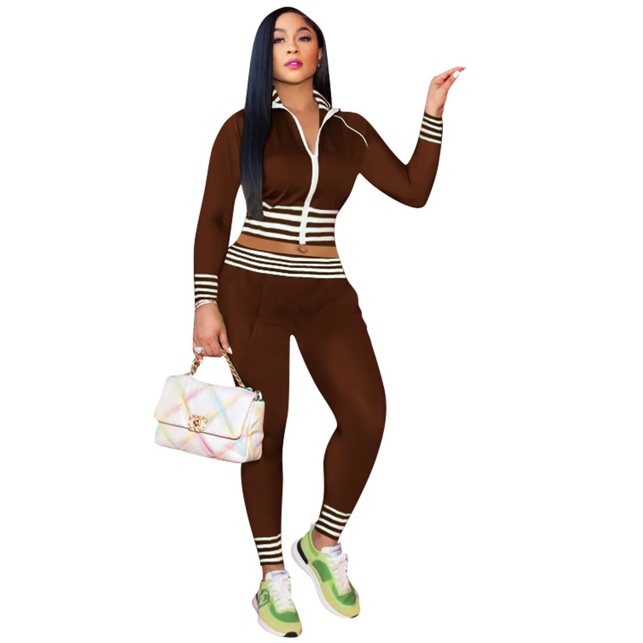 2023 Hot selling tracksuit solid color casual waist thread stand collar sports crop top suits clothes women two-piece set