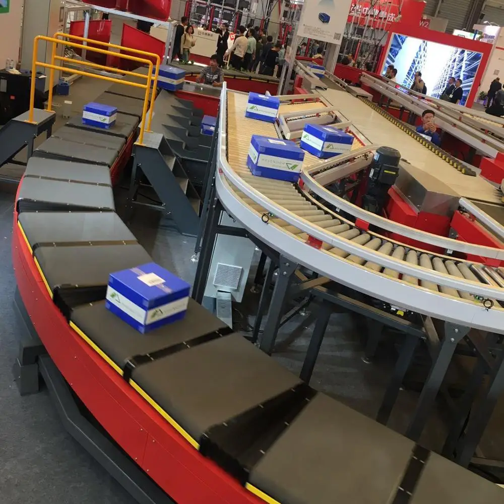 parcel sorting machine and cross belt sorting conveyor widely used for clothes/ shoes boxes/ books sorting with DWS