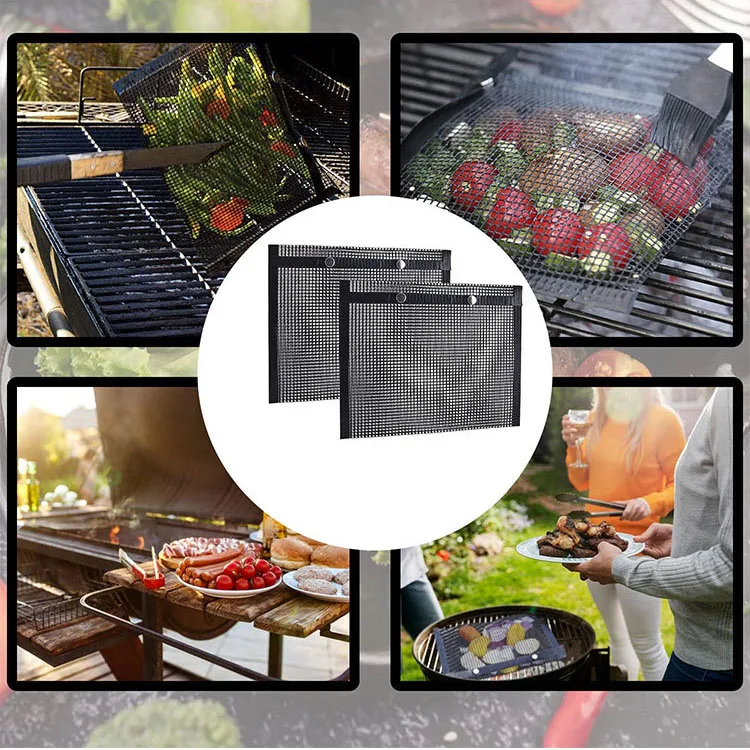 Professional Food Grade Outdoor Barbecue Grill Bags Non Stick Bbq Mesh Grill Bags Grade Fiberglass Coated Mesh Grilling Tool