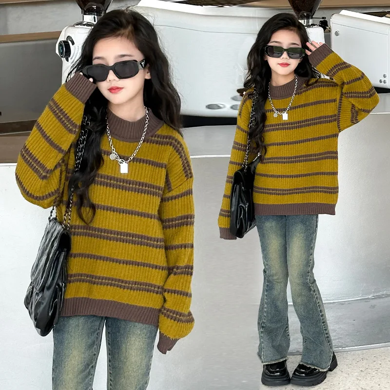 2023 Youths Girls Yellow Striped Pullover Knit Sweater 5-15 Years