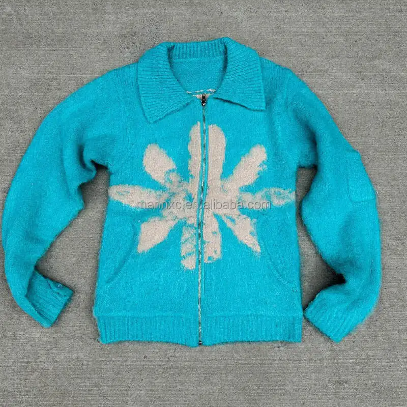 Streetwear Manufacturer Private Label Wool Cashmere Embroidery Jacquard Thick Oversized Mohair Sweatshirts Mens Sweater