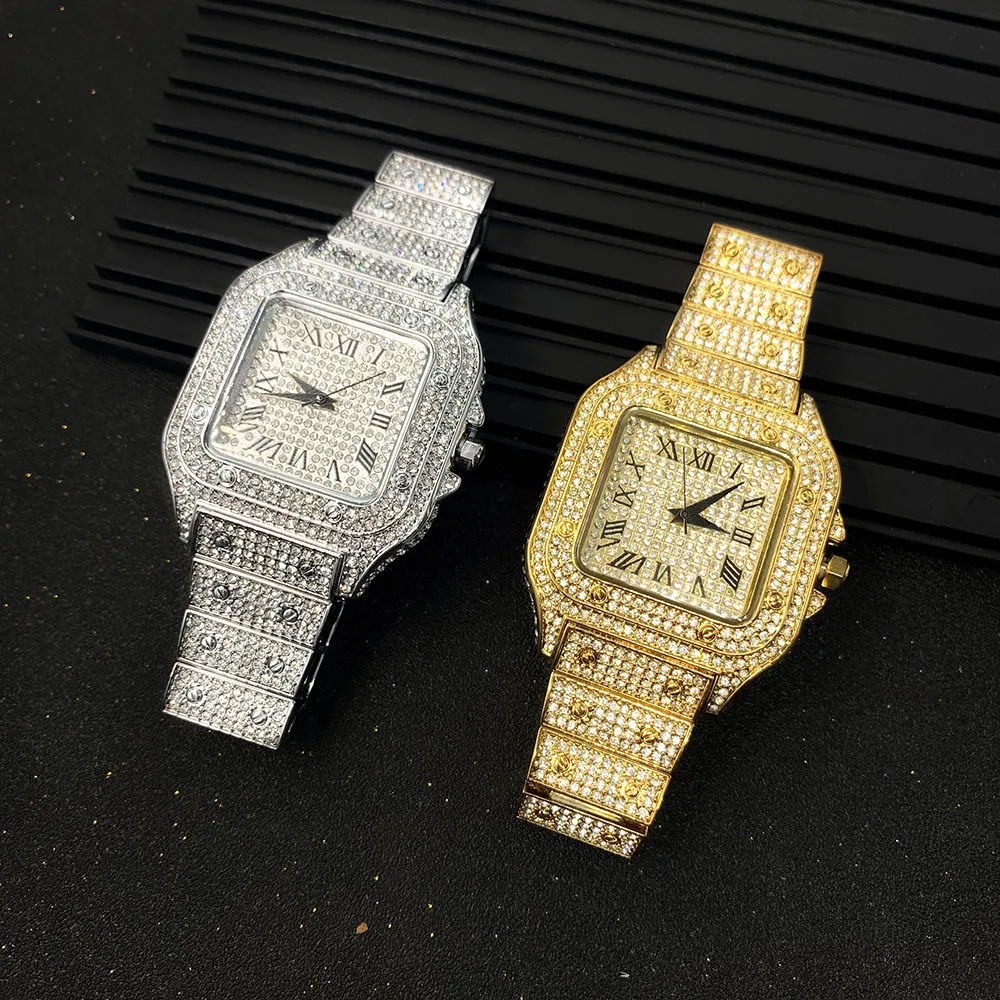 Wholesale Hip Hop Deluxe Men Wrist Quartz Watch Shinning Diamond Bling Bling Full Gemstone Iced Out Gold Plated Women Watches