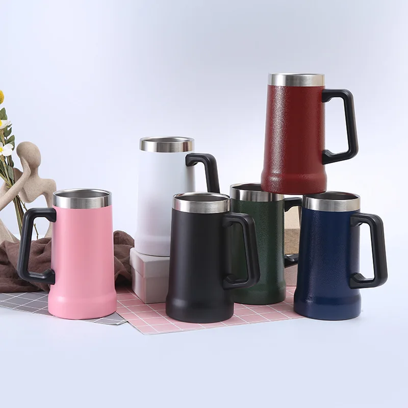 Customized Logo Double Wall 304 Stainless Steel Tankard beer glass Thermos Travel Tumbler Coffee Tea Mug With Handle