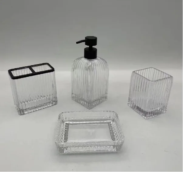 Hot Sale Embossed Black Glass Bathroom Set 4 pcs Glass Bath Sets Soap Dispenser Toothbrush Holder Bathroom Accessories Set