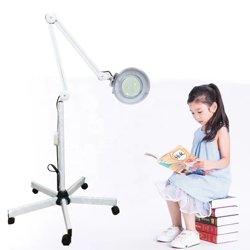 High End Beauty Salon Equipment Adjustable Five Legged Led Floor Stand Lamp Magnifying Glass Cold Light