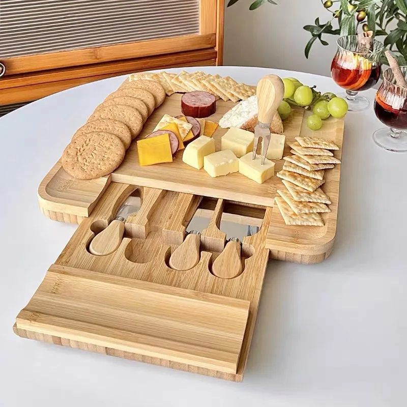 Multi-Functional cheeseboard bamboo cheese chees tables charcuterie board platter set With Hidden Slide Drawers
