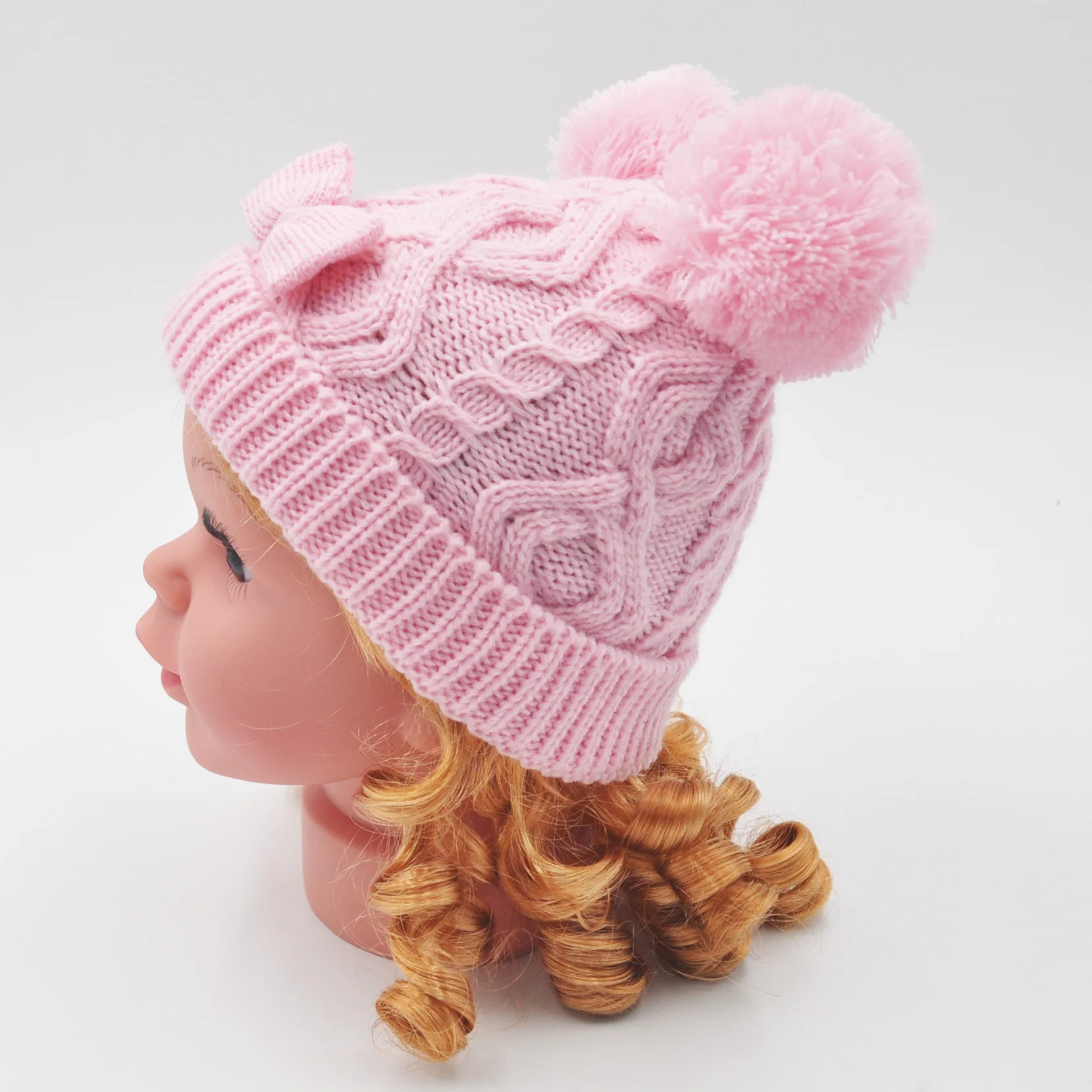 Funny Baby Knit Cute Cap With Pompoms Polar Fleece Lining Children Beanie Girl Baby Winter Hat