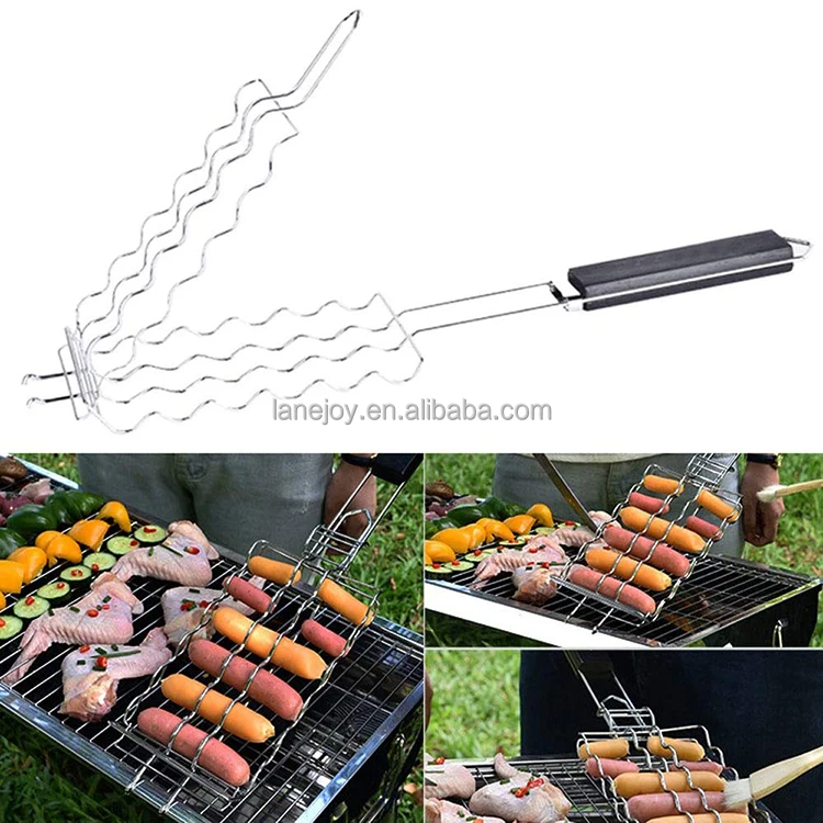Bbq Grill Mesh Net For Sausage Barbecue Basket With Wooden Handle