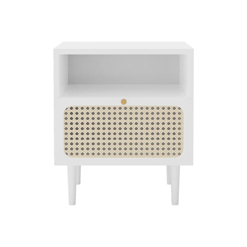 Rattan End Table White Painting Nightstand MDF Wooden Bedroom Rattan Bedside Table
