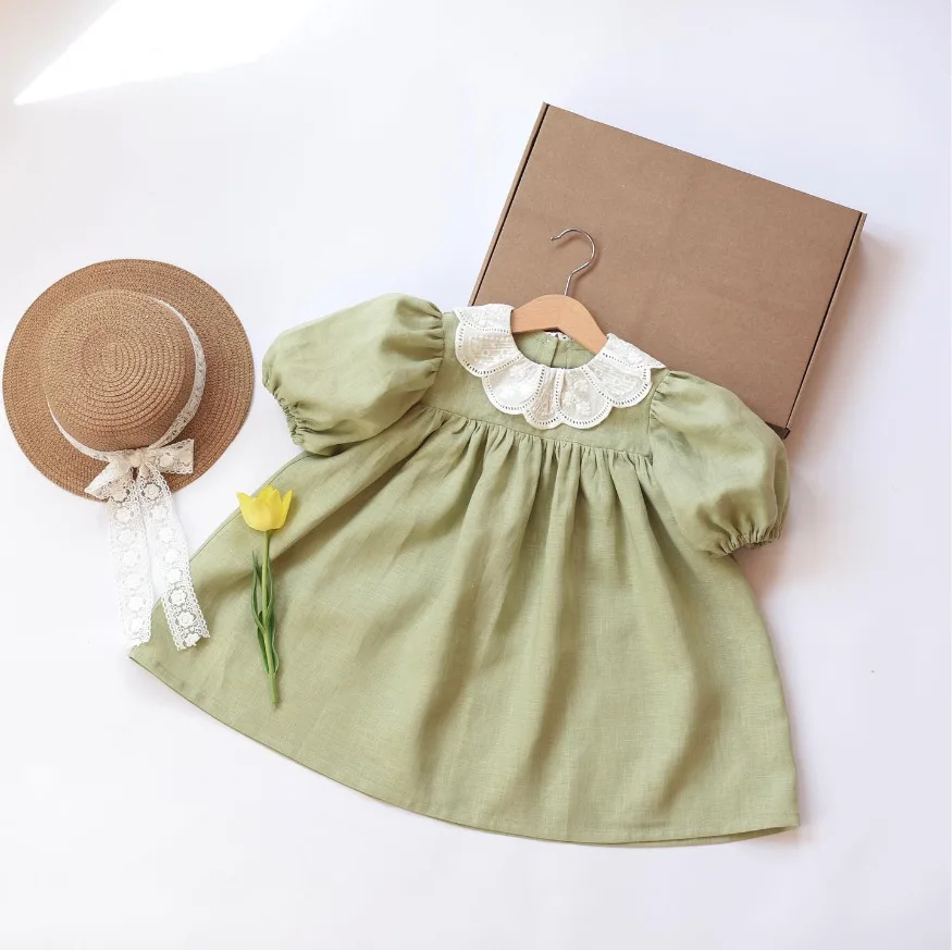 RTS Australia UK US Designer Toddler Children Dresses Puff Short Sleeve Cotton and Linen Princess Party Kids Dress Girls Linen