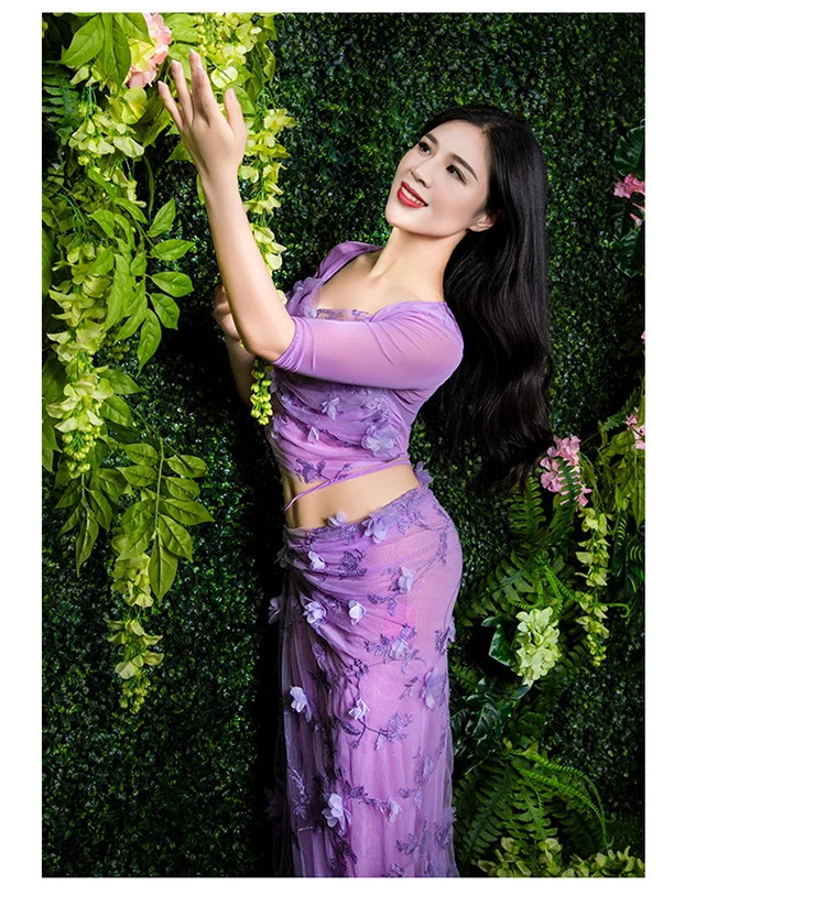 QC3098  Wuchieal New Design Belly Dance Wear with Middle Sleeve Top and Long Skirt with High Slit