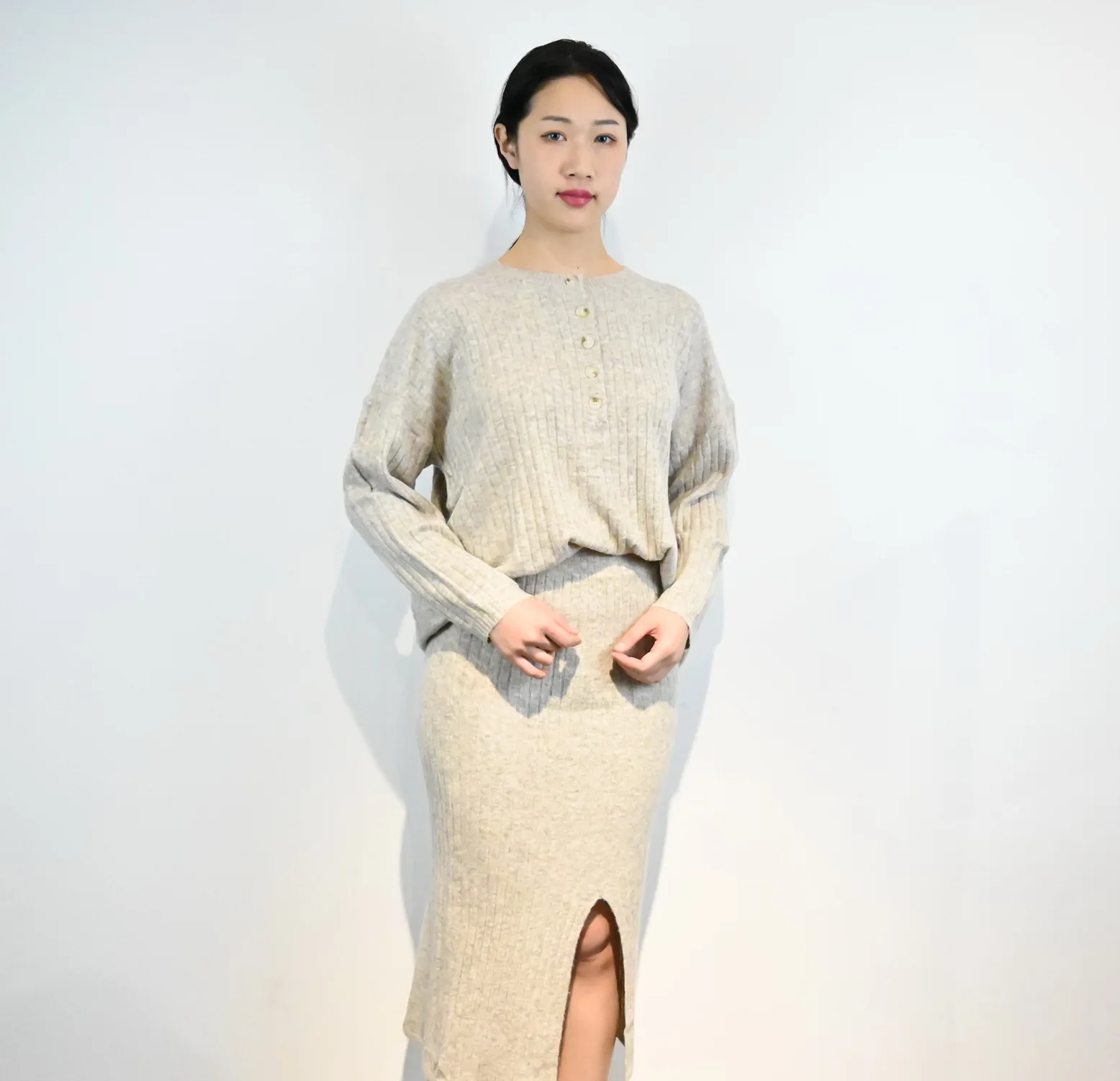 
Side slit ladies long sleeve top sexy dress 2 pieces wool knit sweater set casual button up solid color women knitted set 