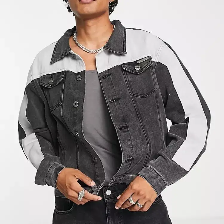 Custom Autumn Fashion Vintage Cotton Splicing Sleeves Boy Jean Coat Washed White Black  Patchwork Denim Jacket For Man 2022