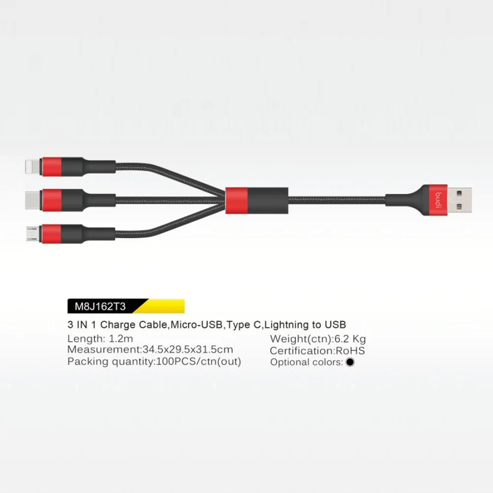 budi three in one 4ft nylon braided multi phone charger sync data usb cable 3 in 1 type-c/micro usb mobile phone charging cable