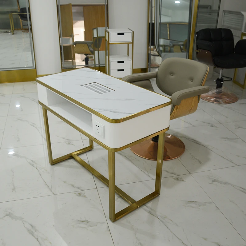 Modern design custom white and gold portable manicure table with  marble slab on top   ZY-MT075