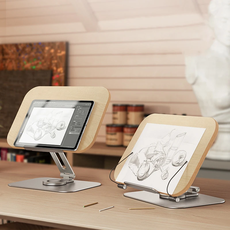 Boneruy New Arrivals Aluminum Alloy Wood Bamboo Rotatable Adjustable Foldable Desktop Reading Book Stand Holder