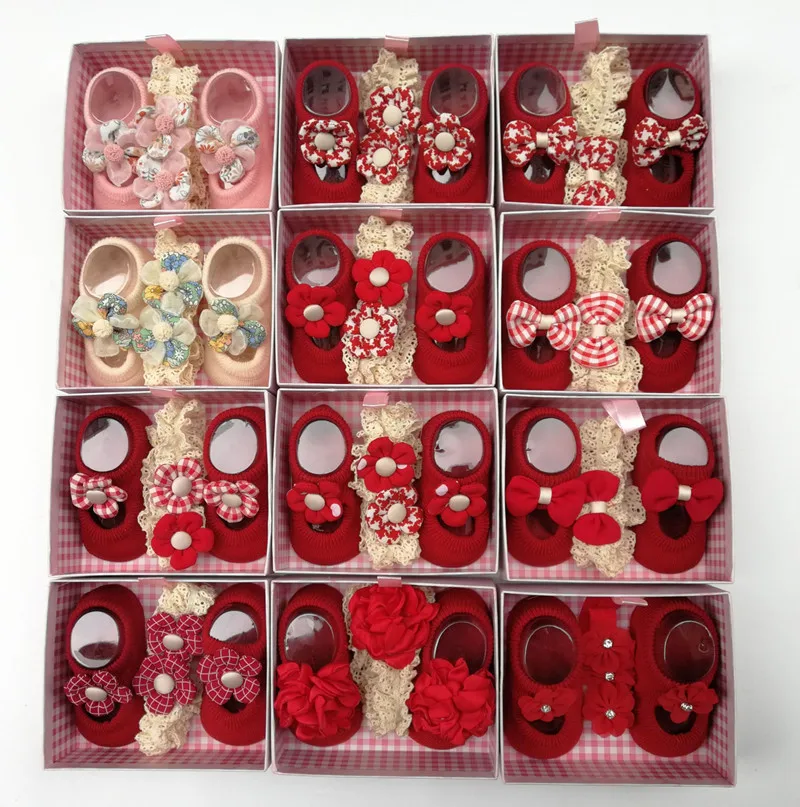 Носки из чесаной хлопка мягкие носки для девочек с бантом детские новорожденных и повязка волос подарочные коробки наборы YS-B1202 От 0 до 3 лет детей бесплатно