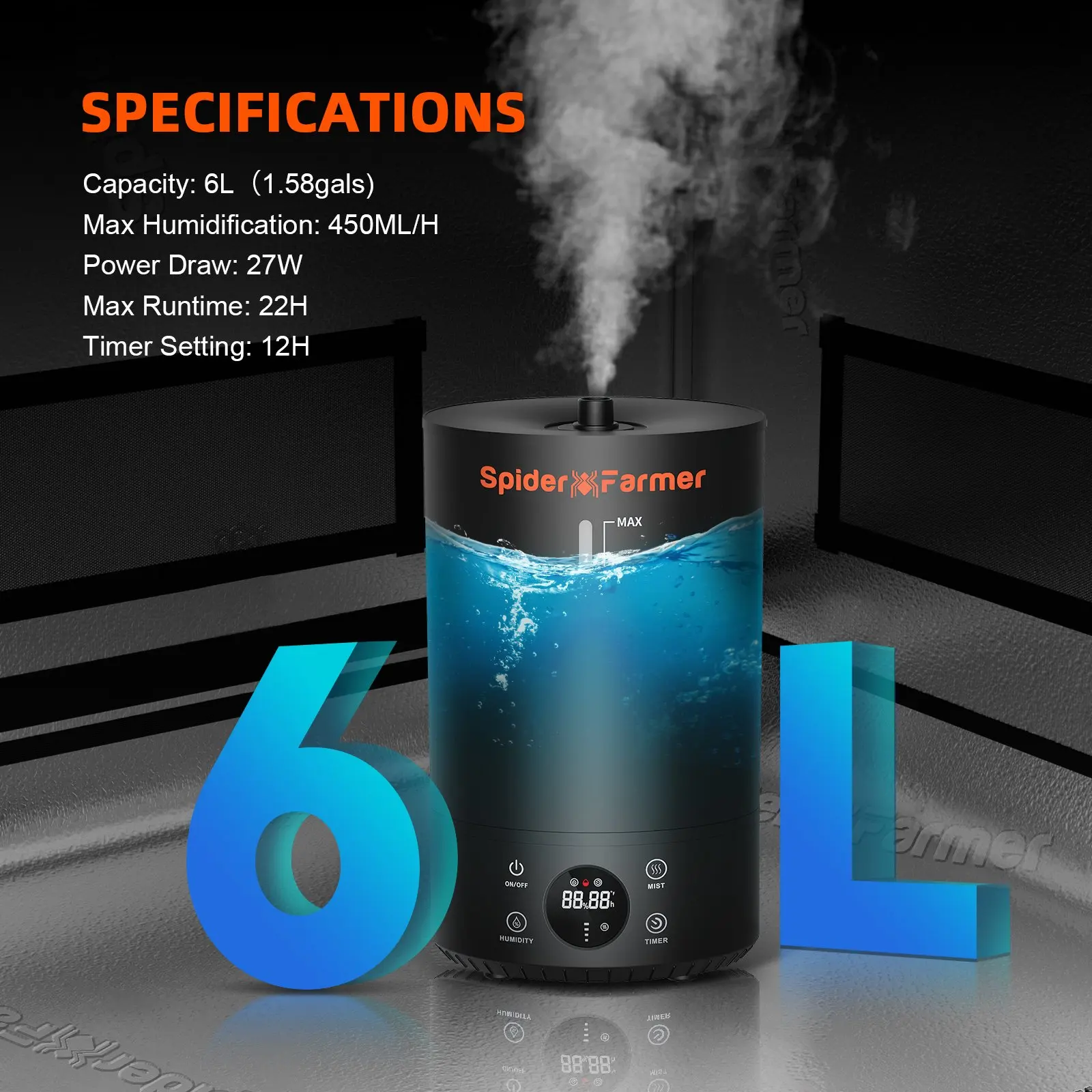 6L Plant Humidifier with Humidity Meter Cool Mist Top Fill Ultrasonic Humidifier Spider Farmer