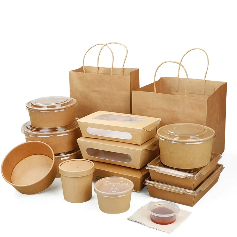 Logo print Take Away Salad bowl with lid Disposable kraft paper bowl