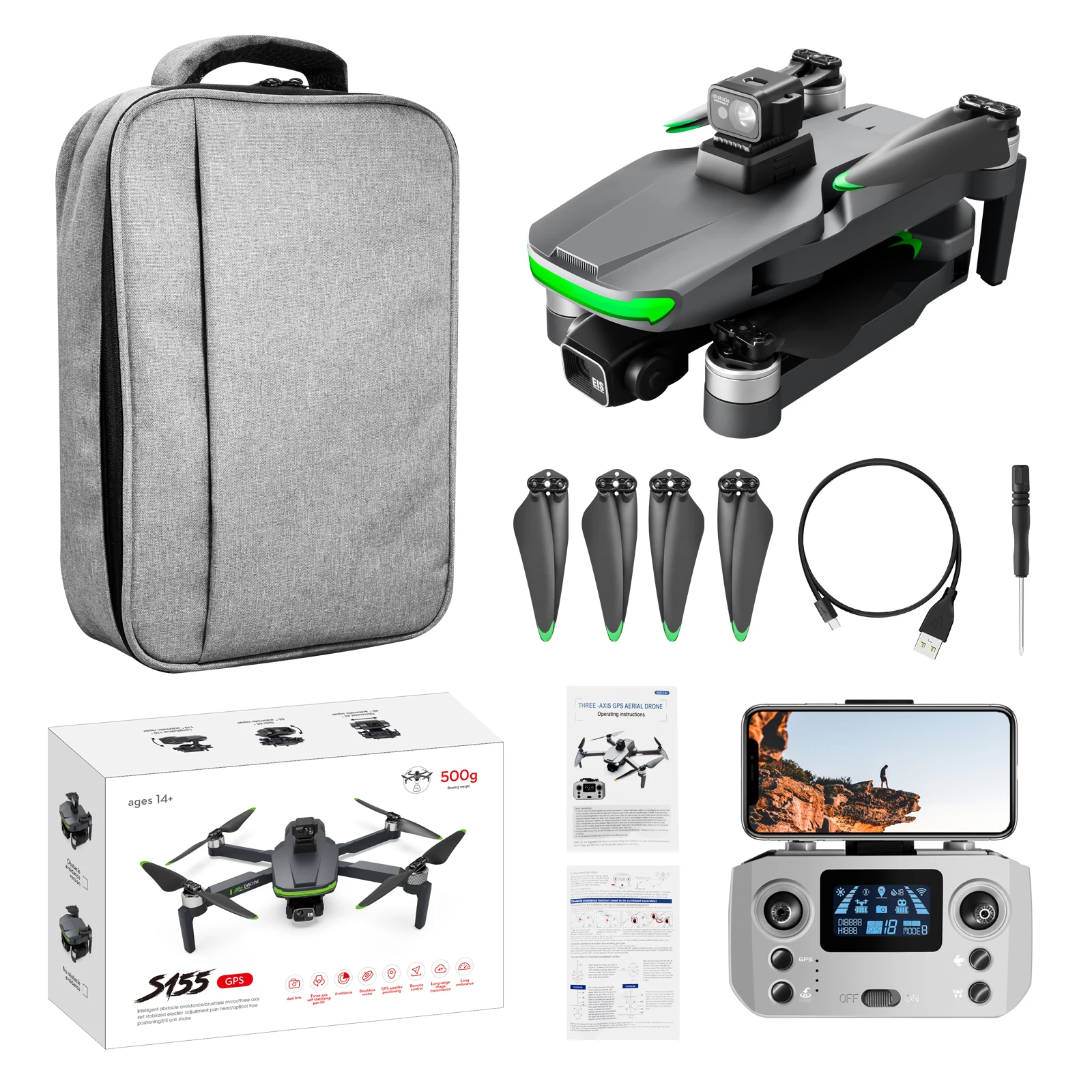 S155 3 axis gimbal gps drone positional 5g wifi image transmission photography drone with 2.7k camera obstacle avoidance dron