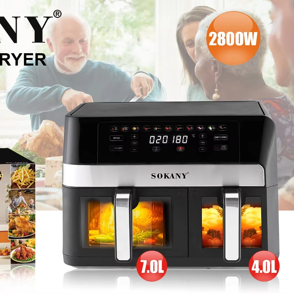 SOKANY Big Capacity Double Basket Air Fryer Two Rooms 2 Independent Baskets Dual Zone Air Fryer Oven 10L 11L 12L