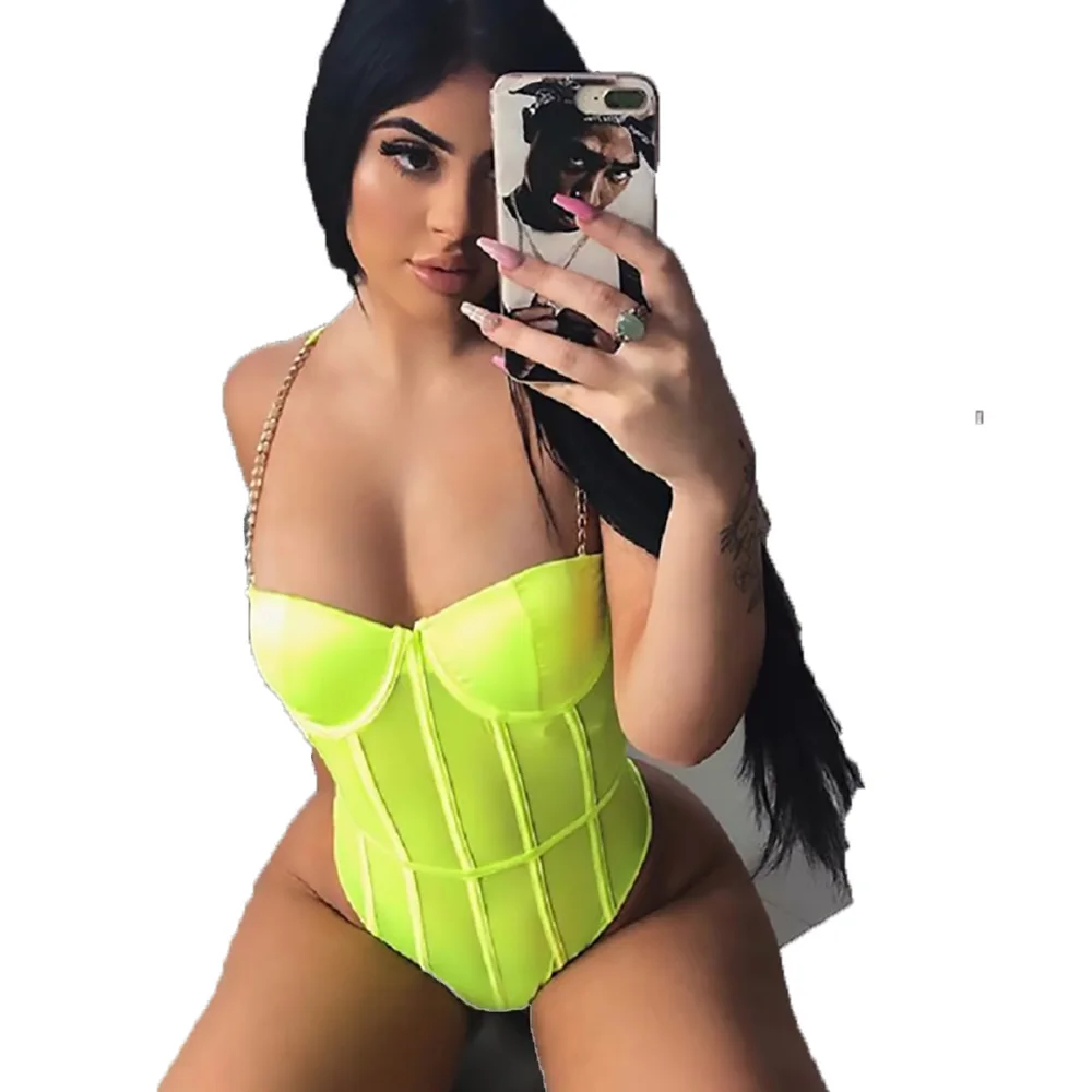 Wholesale Metallic chain one piece halter top panties sexy backless Under-wired bra sexy onesie underwear lingerie