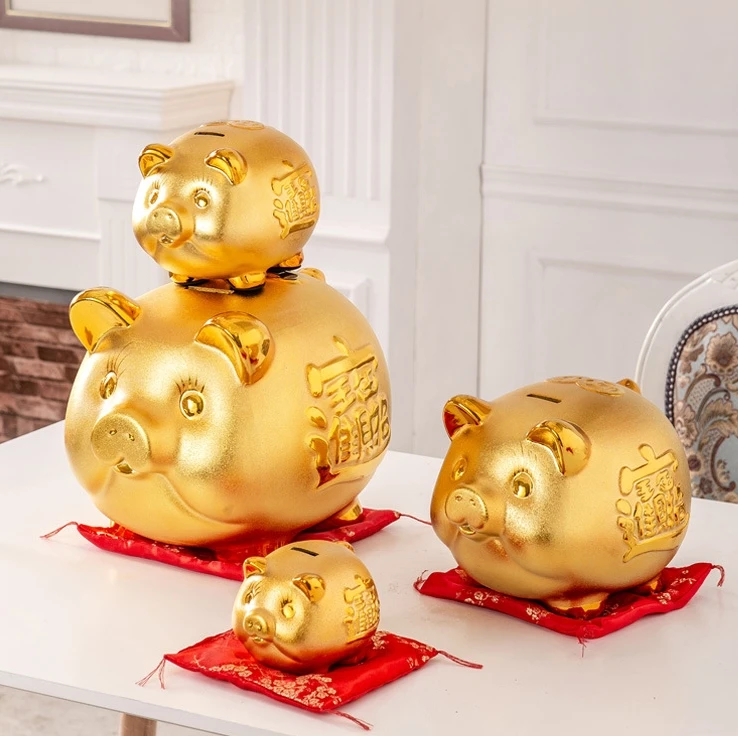 wholesale golden pig cash savings coin big small gold piggy bank for money chinese new year ceramic custom cute large pig logo