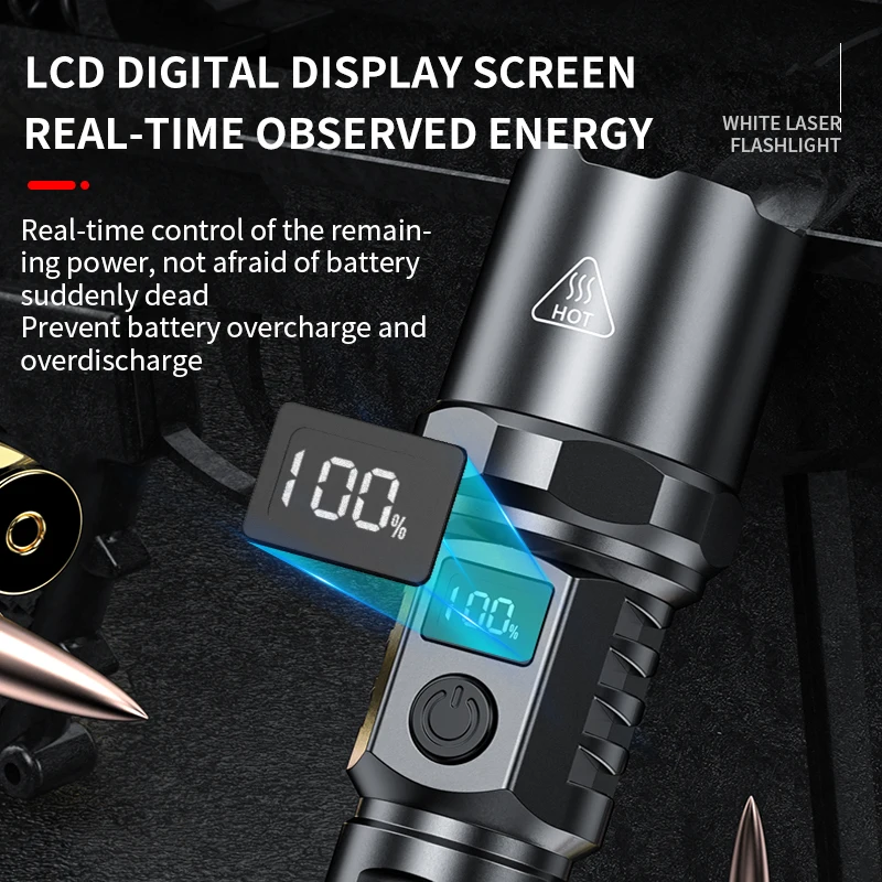 Rechargeable Outdoor LCD Display Strong Light Super Bright ABS Lamp Body Emergency Laser Cannon Flashlight