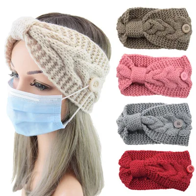 Headbands with Buttons for  Winter Knit Warm Knotted Elastic Hair Bands Head wrap Ear Warmer