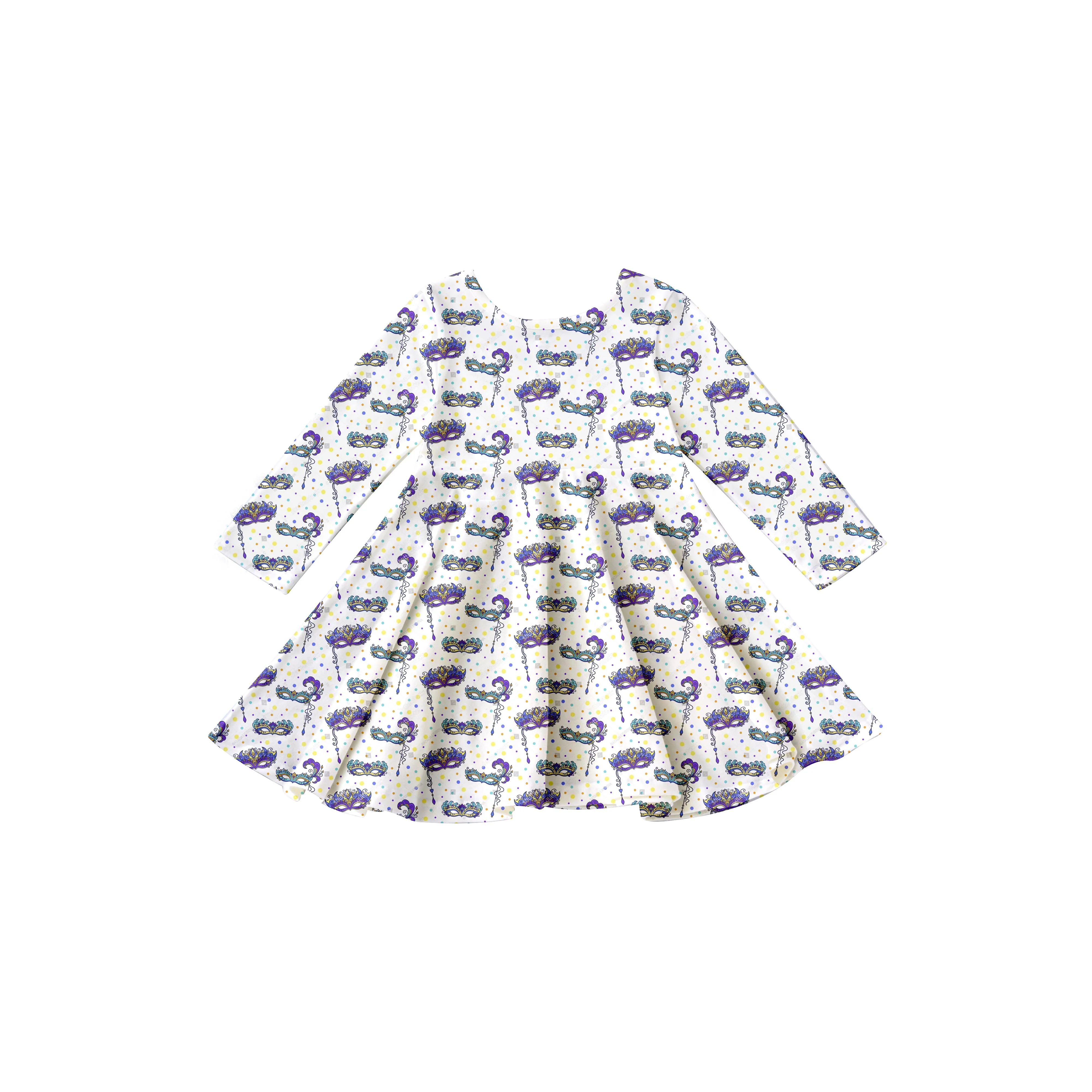 Girlymax 2023 Mardi Gras Carnival New Orleans Long Sleeve A-LIne Twirl Knee Length Baby Girls Dresses Kids Clothing