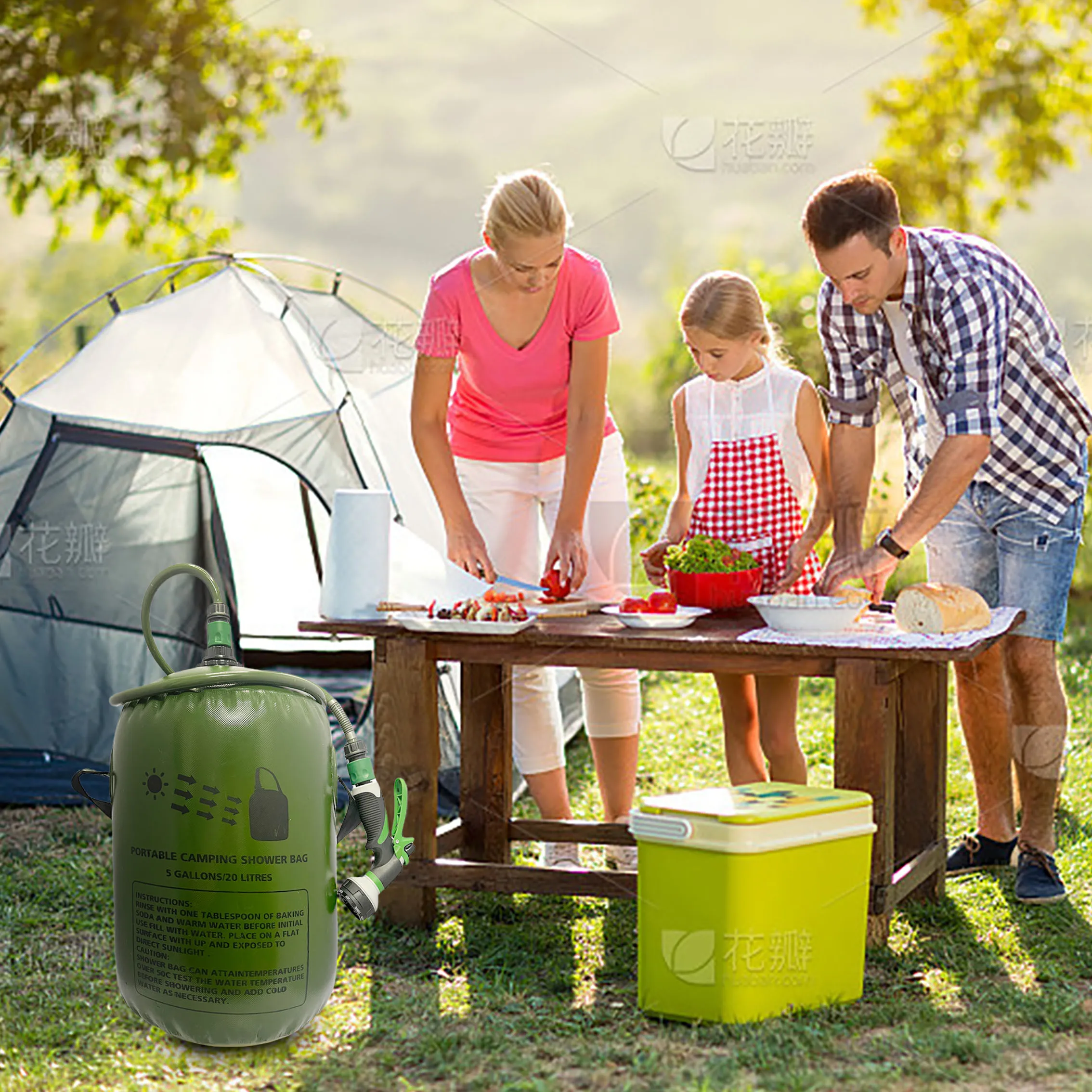 Portable Solar Shower/20L Solar Heated Camp Shower with Removable Hose and On-Off Switch Interchangeable Shower Head