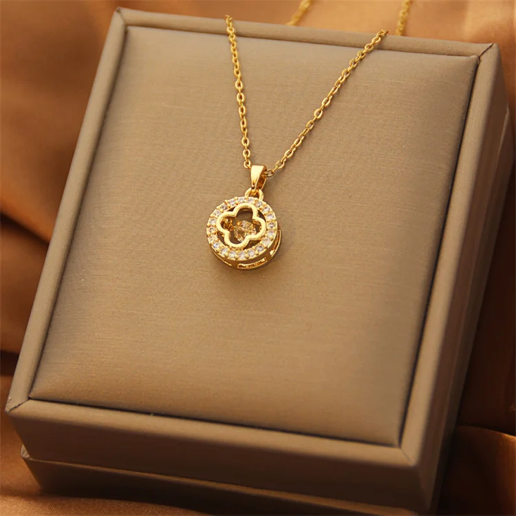 Fashion Jewelry Smart Flower Necklace Women Clavicle Chain Tiger Eye Stone Flower Pearl Pendant 18K Stainless Steel Necklace