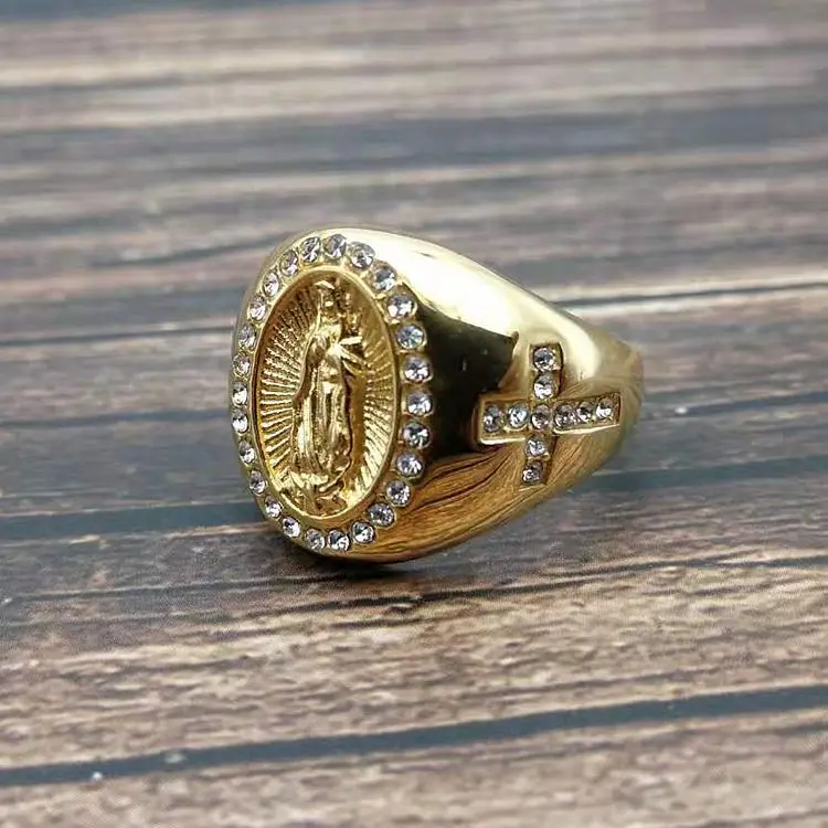 Duyizhao hip hop trend mens rings stainless steel jewelry diamond cross Virgin Mary gold plated titanium custom ring new fashion
