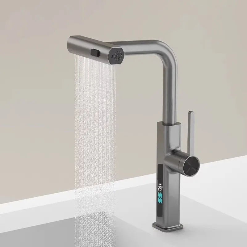 LED Kitchen Faucet Temperature Display Kitchen Sink Faucet Pull-out Three Mode Kitchen Taps Cold Hot Water Mixer Tap Hydropower
